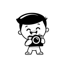 A cute boy holding a camera simple line art, no background