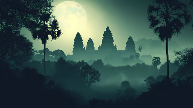 A shadowy cambodian jungle scene with ancient temple ruins covered in mist, glowing faintly under a dim moonlight. Ancient Ruins. Illustration