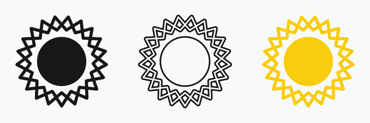 Fototapeta premium Sun icon set , including shining rays, sunset designs, solar energy, and star-inspired illustrations. Perfect for representing warmth, tanning, and bright energy.