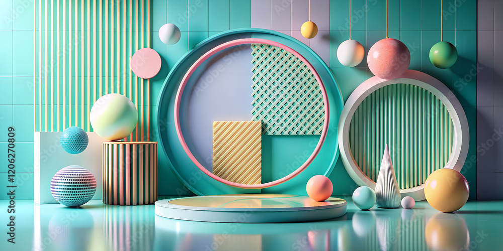 Poster geometric composition featuring colorful circular shapes and textured surfaces in a modern setting