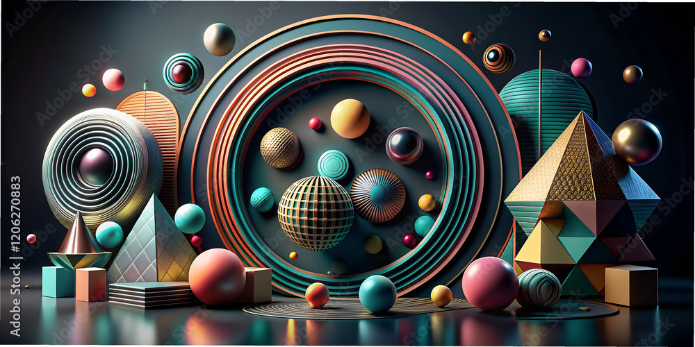 Aufkleber colorful geometric circles, spheres, and pyramids arranged in a visually striking composition featur