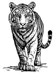Detailed Hand-Drawn Sketch Illustration, A Monochrome Artistic Representation of Tiger with Intricate Linework and Transparent Background