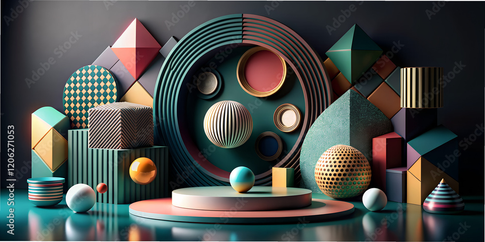 Poster geometric shapes in vibrant colors arranged artistically on a flat surface creating a visually stimu