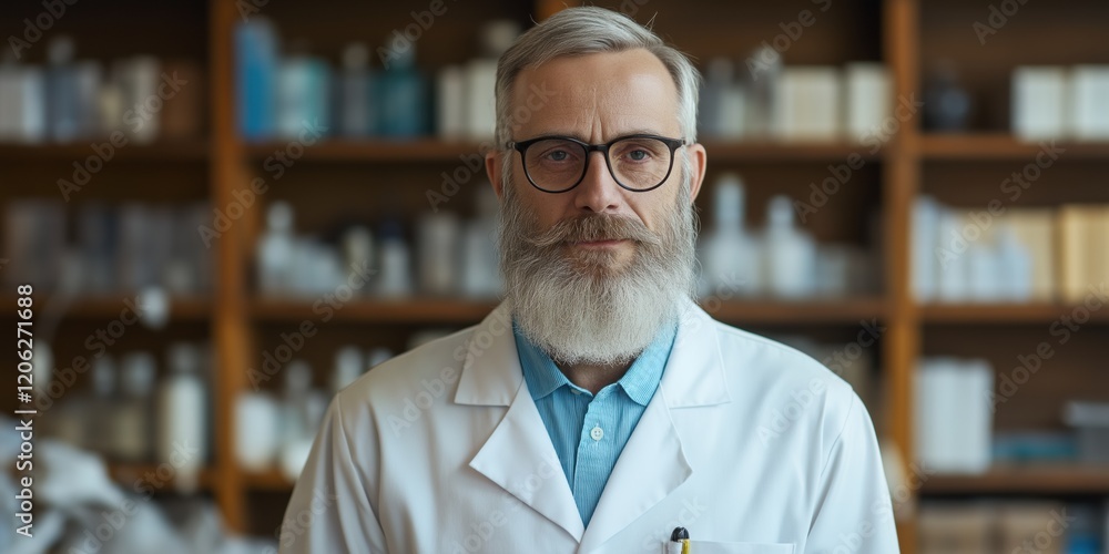 Poster a balding man with a beard and glasses stands in front of a shelf of bottles. he is wearing a white 
