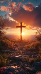 Sunset over hills with a cross standing along a winding path in serene nature