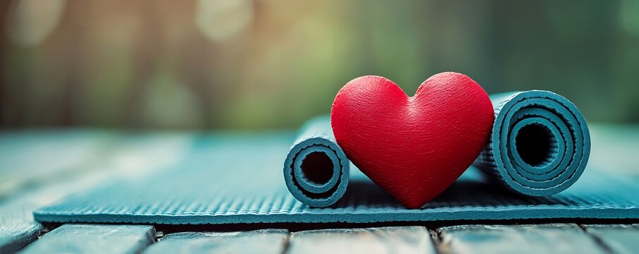 Yoga mat with red heart symbol for a Valentine Day fitness ad or healthy lifestyle campaign