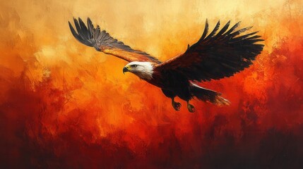 Majestic eagle soaring through a fiery sunset sky, symbolizing freedom and power