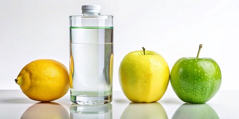 Minimalist Healthy Diet: Green Apple, Lemon, Water Bottle & Glass on White
