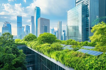 Obraz premium Modern Eco Cityscape Green Rooftop Solar Panels Sustainable Urban Architecture City Buildings Nature Environment day sky sun view blue clean trees glass power tower 