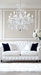   A cozy living room features a comfortable couch, elegant chandelier, and a vibrant vase of flowers on the coffee table, creating an inviting atmosphere (54
