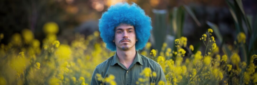 Man with blue afro in green shirt among yellow flowers