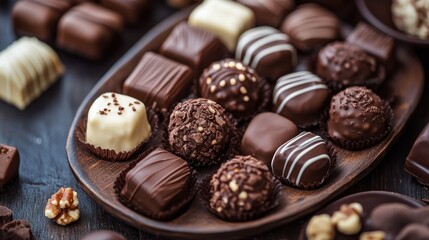 A delicious assortment of hand-crafted chocolates displayed on an elegant wooden platter, capturing the indulgence and artistry of gourmet chocolate craftsmanship.