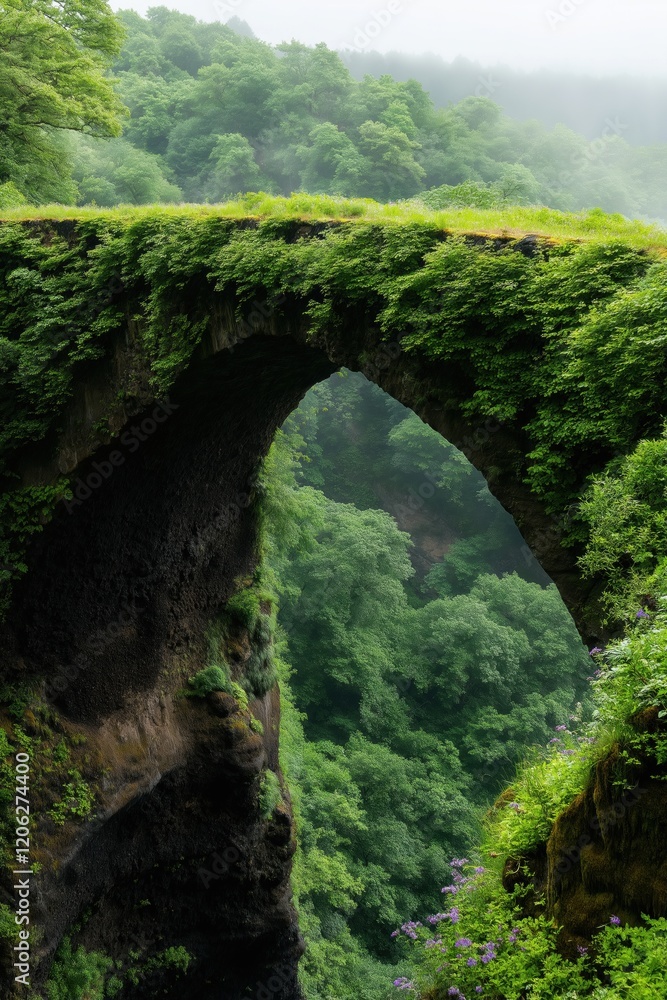 Poster a bridge over a forest with a green arch. the bridge is covered in vines and the trees are lush and 