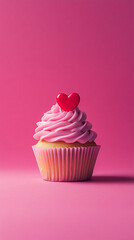 Valentines day vertical banner - sweet cupcake muffin with red heart on pink background. Minimalistic designa