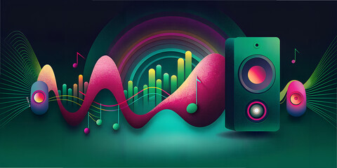Obraz premium Vibrant music art featuring an equalizer design and speakers highlighting sound waves and musical notes