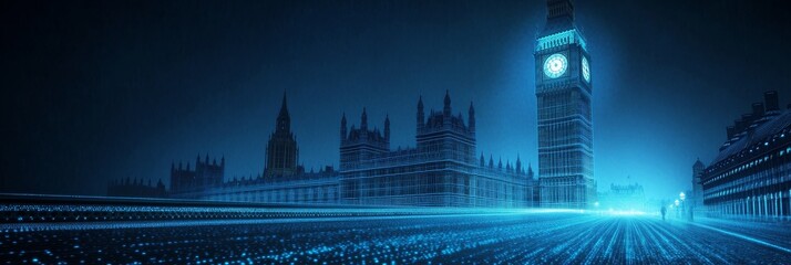 Abstract London Skyline - Big Ben with City Lights and Tech Network Overlay at Night,.UK, 8K