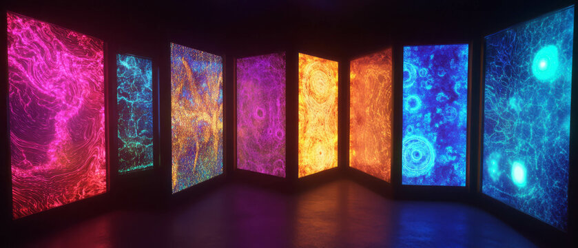 Explore organic textures of bio-luminescent panels with glowing patterns in a dark environment