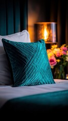  Green pillow atop bed beside nightstand with lamp on top