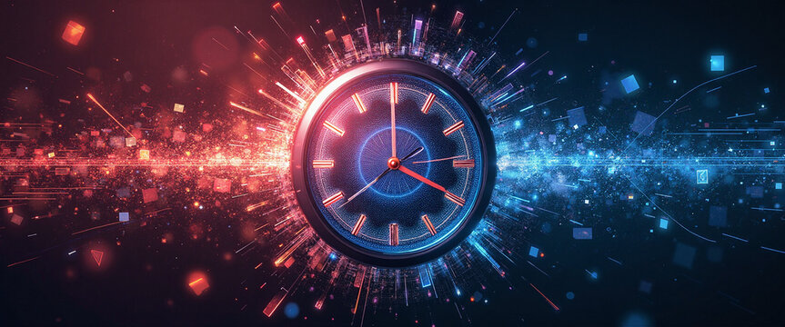 Graphic clock exploding with vibrant holographic details representing technology overload in a mesmerizing fusion of blue and red light