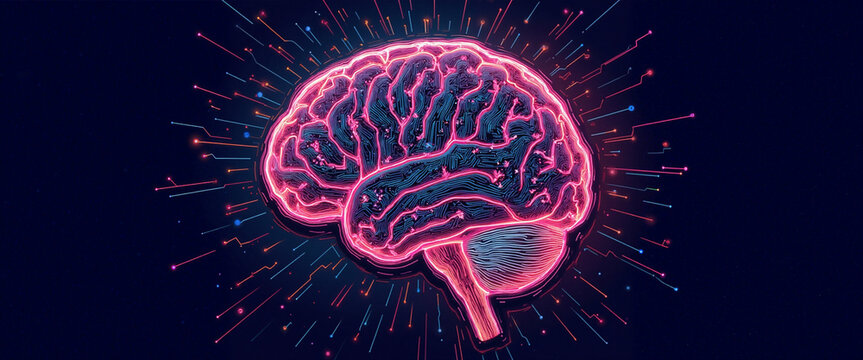 Glowing neon brain illustration surrounded by digital lines and particles representing technology overload and cognitive stimulation