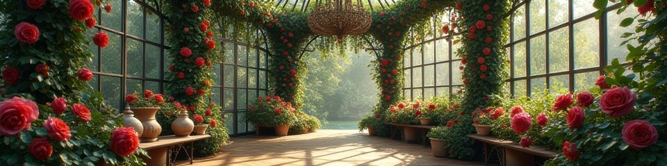 Sunlit conservatory with blooming red roses and elegant wicker chandelier