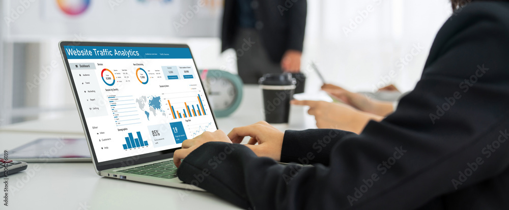 Poster computer software for website traffic analytics data on computer screen. concept of seo search engin