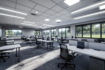 Modern Office Workspace Design: Sunlight Streaming Through Large Windows