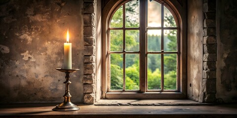 Candle illuminated by sunlight casts warm glow through old dirty window overlooking lush greenery outside in a rustic setting