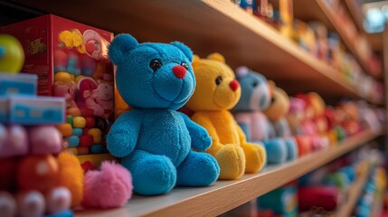 A vibrant display of colorful plush teddy bears lines the shelves of a toy store, each bear featuring unique hues and inviting softness for children of all ages.