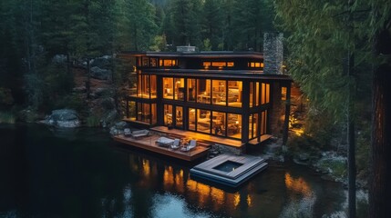 Obraz premium A stunning representation of a modern glass house set by a tranquil lake, illuminated warmly amidst dense forest surroundings, showcasing architectural beauty.