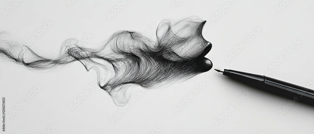 Poster exploration of black ink texture creating fine lines on white paper with a pen