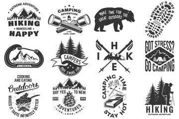 Set of hiking, climbing and camping related typographic quote. Vector. Concept for shirt or logo, print, stamp, sticker. Design with forest, mountains, hiker, axe and campfire