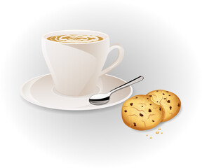 White ceramic coffee cup on a saucer with spoon