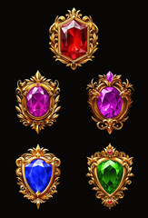 Set of gemstone icons for computer games. Symbols for slot games. Gems in exquisite gold frames. Badges for awarding