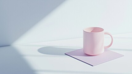 Pink ceramic mug with a handle on a white surface. the mug is placed on a square-shaped placemat. the background is a light blue color with a shadow of the mug on the left side.