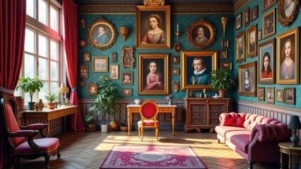 Elegant vintage room with portraits of young adults and mature individuals