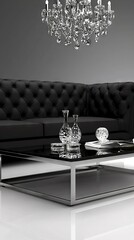  B/W photo of a cozy living room with sofa, coffee table, & chandelier