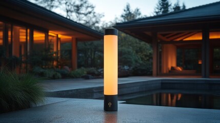 Fototapeta premium Modern outdoor lamp enhances ambiance of serene garden setting at twilight