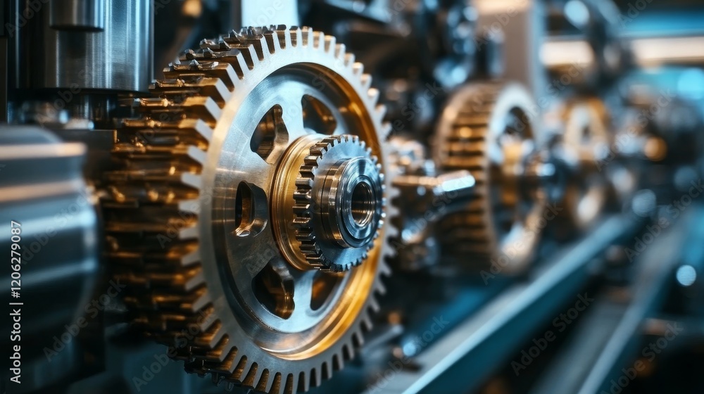 Aufkleber close up of interlocking metal gears and machinery components. gears and cogs working.