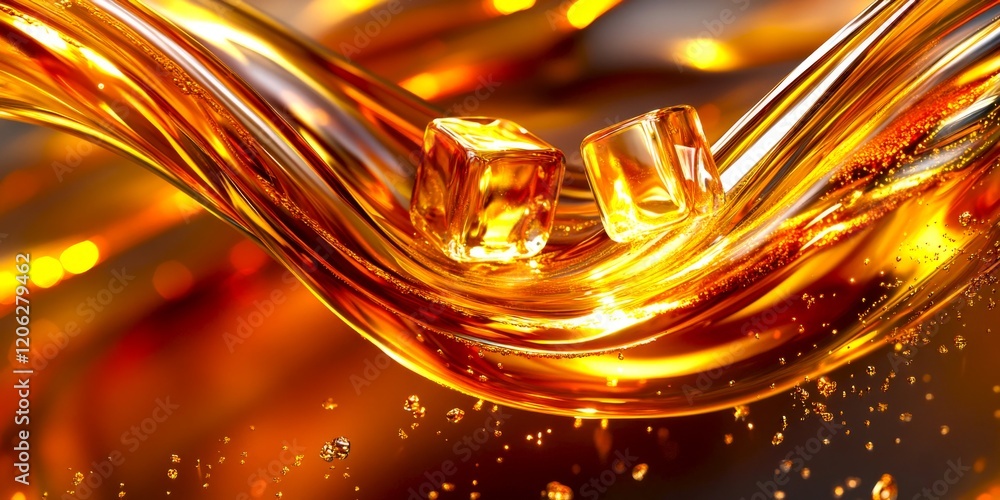 Poster a close-up view of golden liquid flowing elegantly. ice cubes rest within the smooth stream. this im