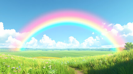 Naklejka premium A vivid rainbow appearing over a calm rural landscape, with green fields and a clear blue sky, symbolizing peace and hope Rainbow Fields. Illustration