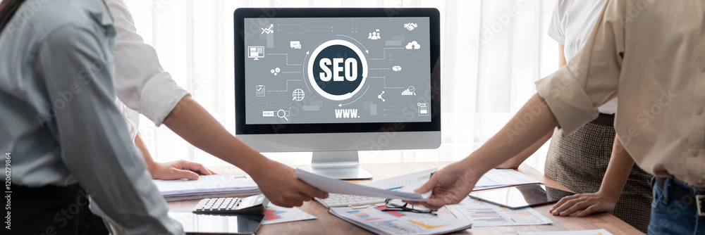 Fototapete seo search engine optimization for brisk e-commerce and online retail business showing on computer s