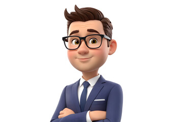 3D Cartoon Businessman with Arms Crossed Isolated on Transparent or White Background, PNG