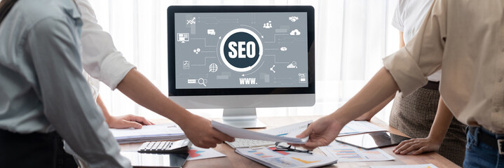 SEO search engine optimization for brisk e-commerce and online retail business showing on computer...