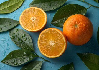 Freshly cut oranges and green leaves arranged on a blue surface showcasing vibrant colors and natural textures in a calm setting