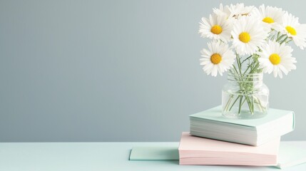 Fototapeta premium Vase of white daisies with yellow centers on a light blue background. the vase is made of glass and is placed on top of a stack of three books.