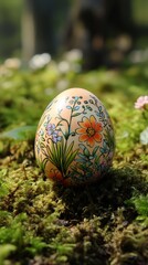 Colorful hand-painted egg resting on moss in a serene outdoor setting during springtime