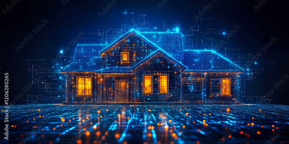 Poster digital blueprint of smart home with interconnected devices in a futuristic setting