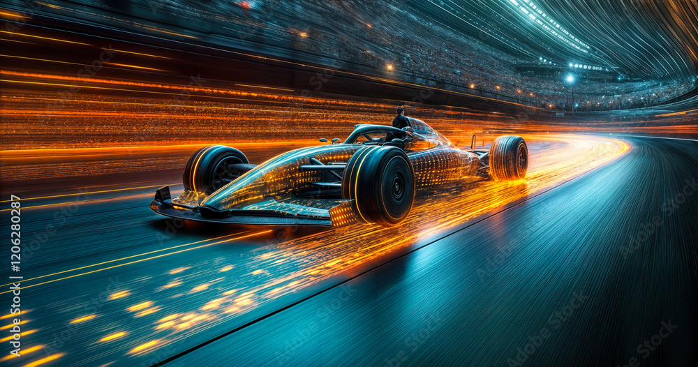 Poster 3d render of f2 car with aerodynamic wind flow and digital data on racing track