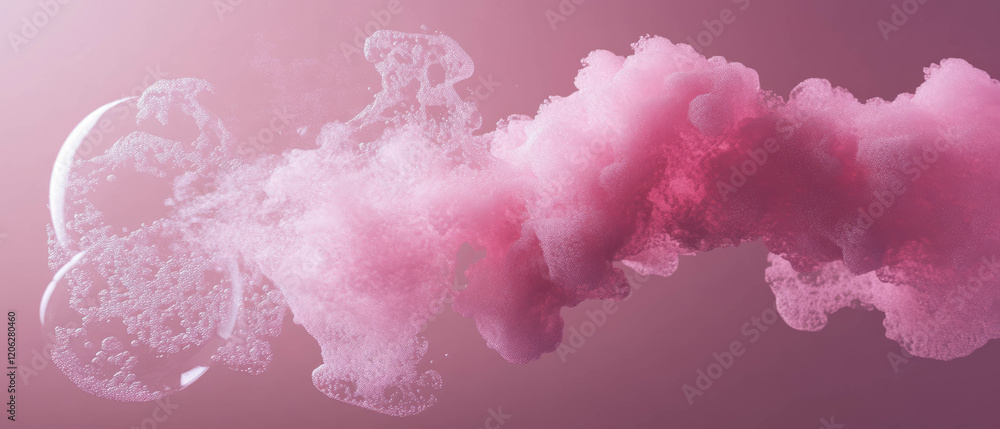 Poster bubblegum texture expands as it is blown into a large bubble with thin walls
